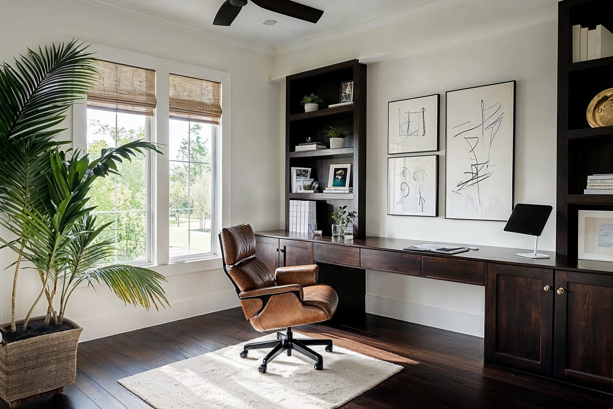 A clean, organized home office desk with natural lighting and minimal decor