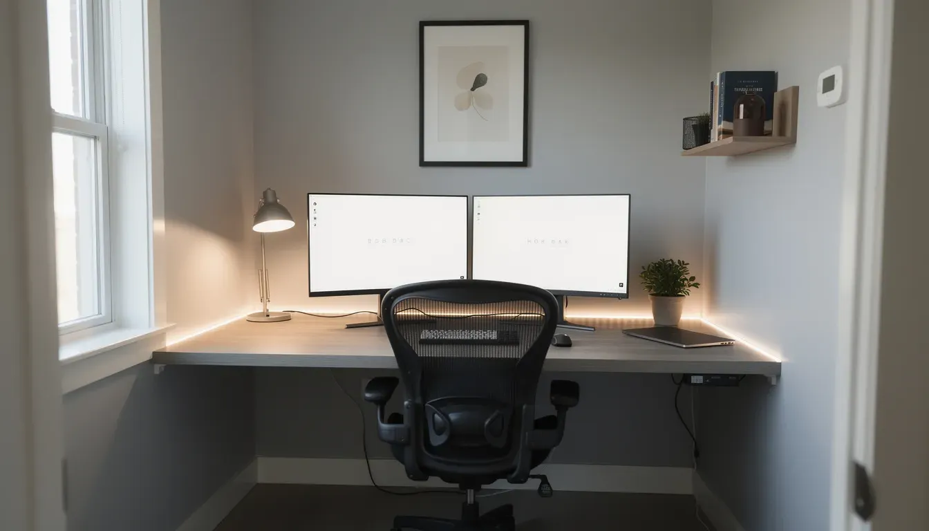A well-arranged home office desk with a monitor at eye level, keyboard and mouse within easy reach
